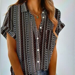 Women's Black and White Patterned Button-Up Top